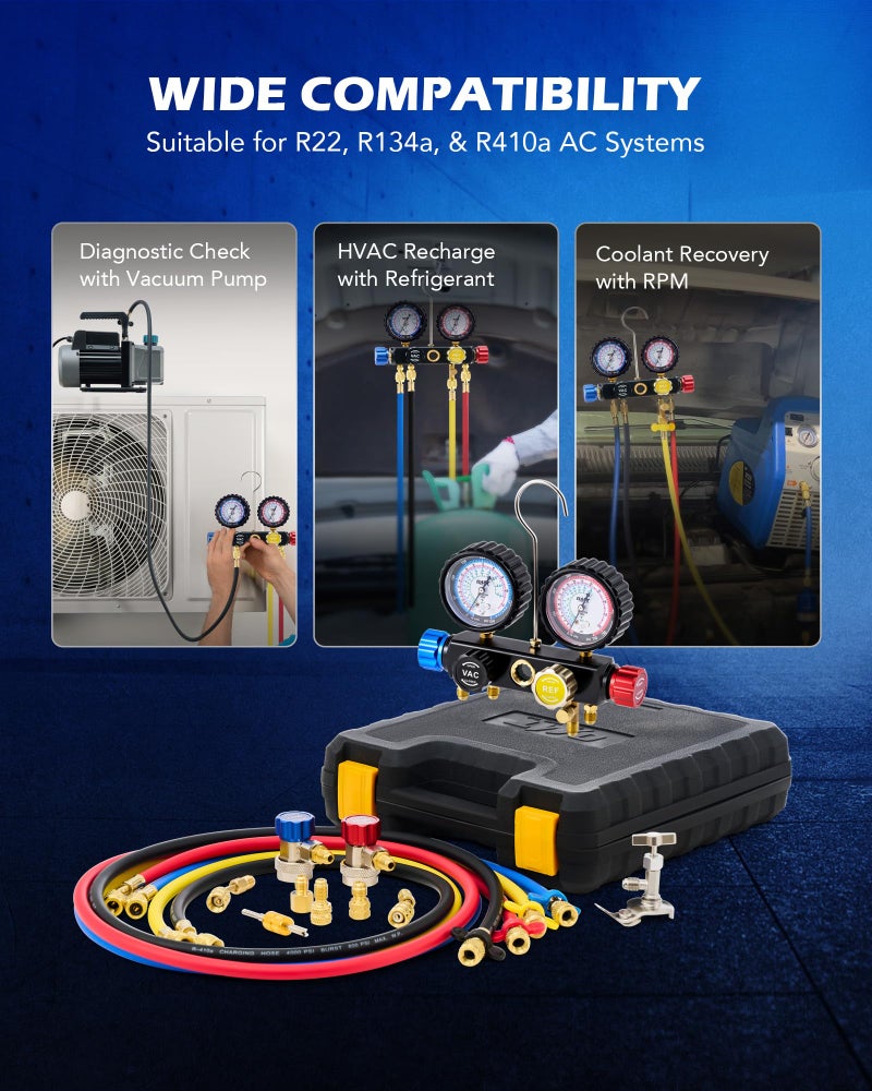Orion Motor Tech 4 Way AC Gauge Set for R410a R22 R134a Refrigerant, 4 Valve Automotive AC Manifold with 5ft Hoses, R410a Adapters, Can Tap - Image 4